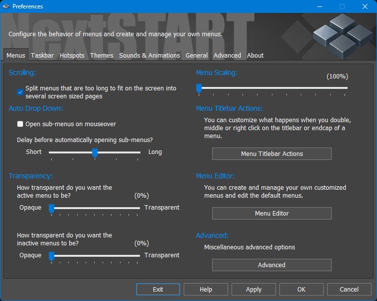 Preferences - Menus tab