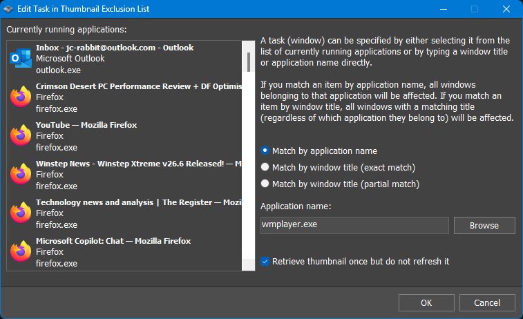 Thumbnail exclusion edit dialog