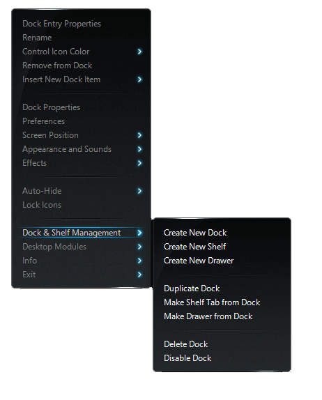 Dock control icon context menu