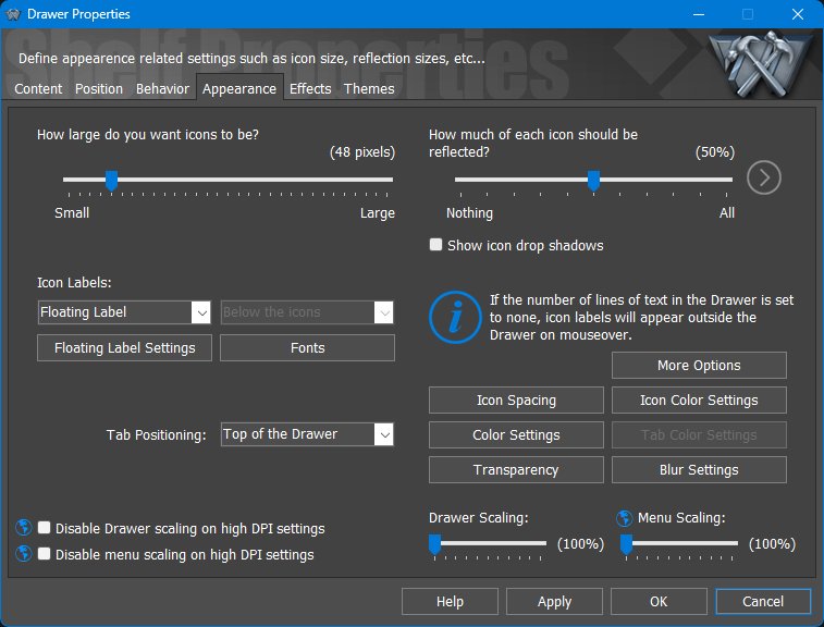 Drawer Properties - Appearance tab
