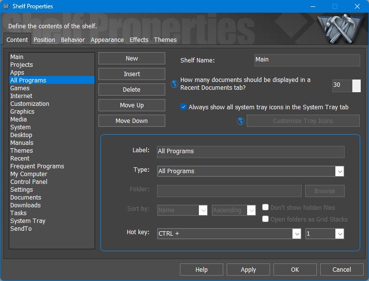 Shelf Properties - Content tab