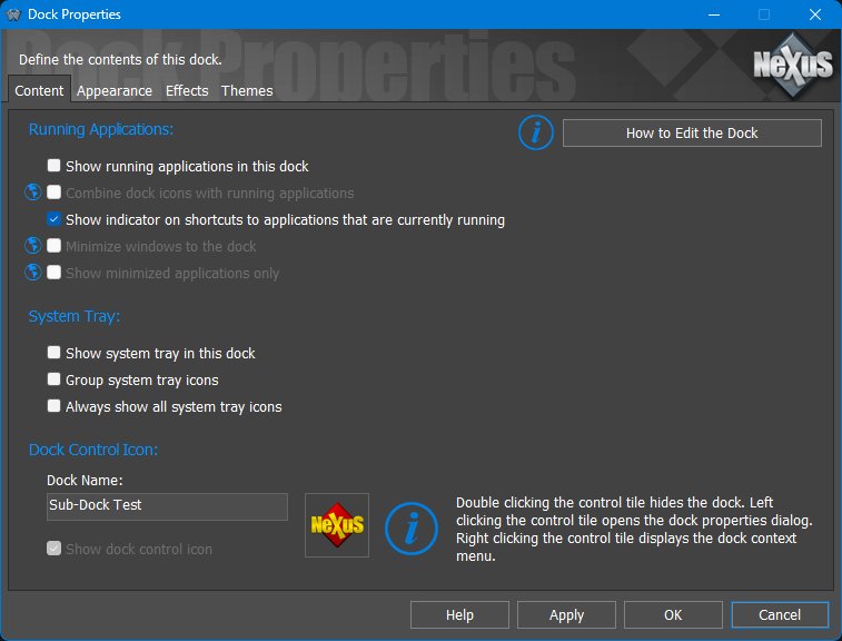 Sub-Dock Properties - Content tab