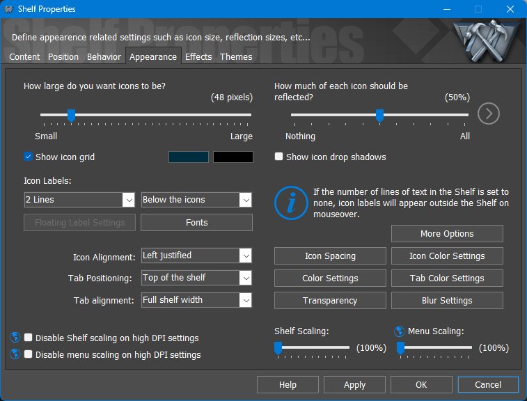 Shelf Properties - Appearance tab