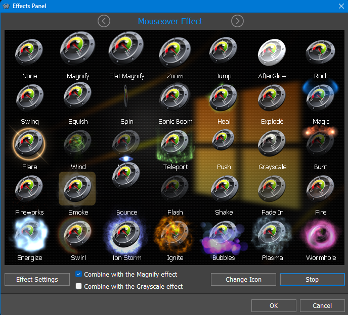 Effects Panel showing all mouseover effects