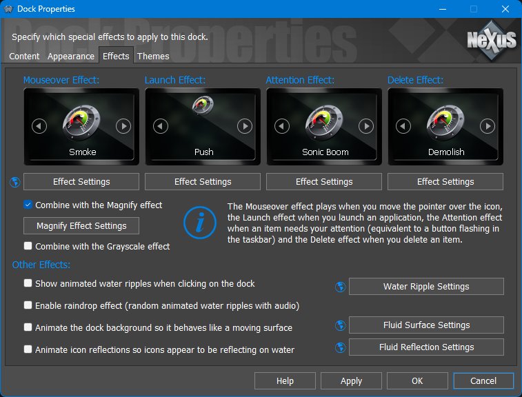 Sub-Dock Properties - Effects tab